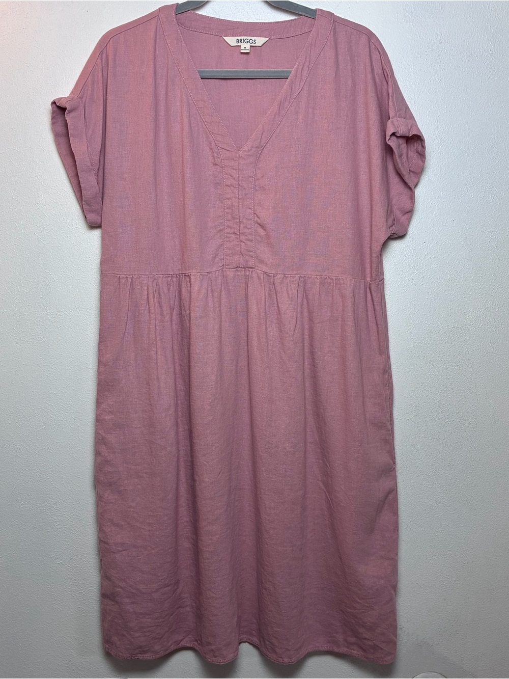 Briggs Linen Blend V-Neck Shift Dress Mauve Pink Short Sleeve Medium w Pockets